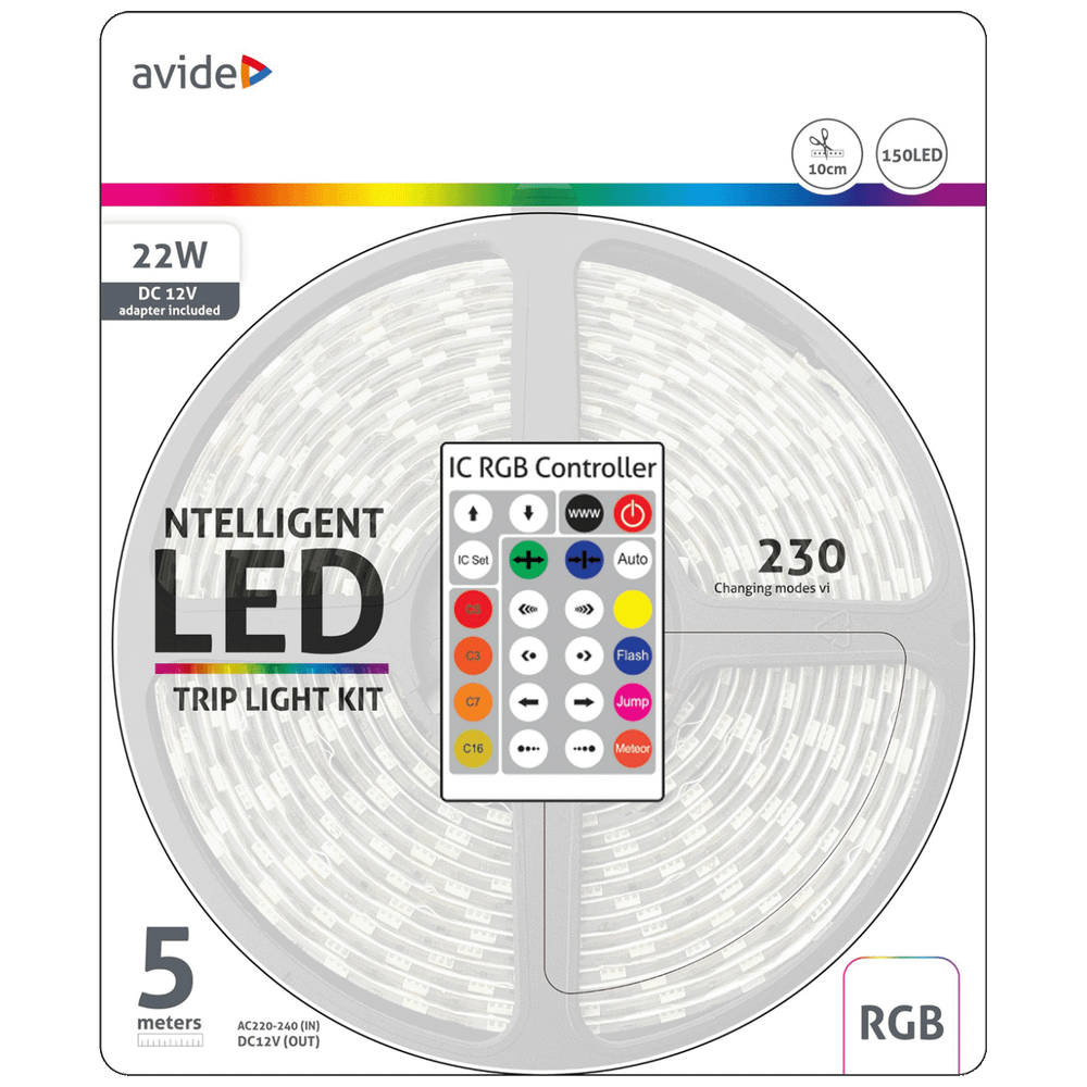Avide LED traka sa daljinskim upravljačem,RGB,22W,12V,5 met.,IP65 - ABLSBL12V5050-30RGB-IC65 slika 1