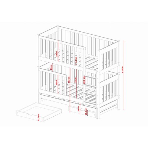 Drveni dječji krevet na sprat Emilka sa tri kreveta i ladicom - 190/200x90cm - Bijeli slika 3