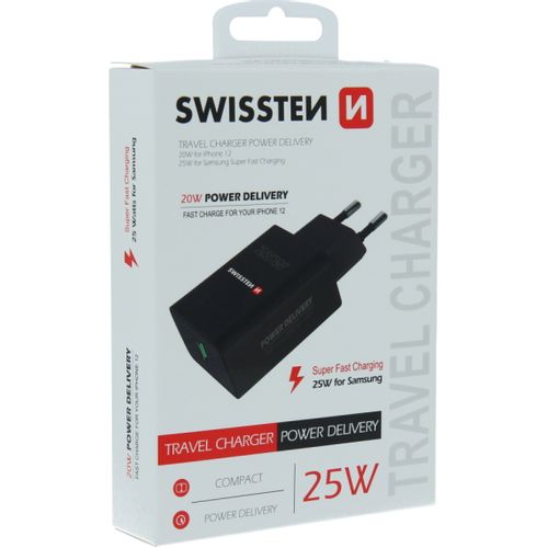 SWISSTEN punjač za AC220, 1xUSB-C, PD 25W, za iPhone i Samsung, crni slika 2