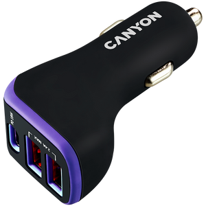 CANYON C-08, Universal 3xUSB car adapter, Input 12V-24V, Output DC USB-A 5V/2.4A(Max) + Type-C PD 18W, with Smart IC, Black+Purple with rubber coating, 71*39*26.2mm, 0.028kg