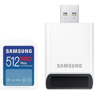 Samsung MB-SD512SB/WW SD Card 512GB, PRO Plus, SDXC, UHS-I U3 V30 Class 10, Read up to 180MB/s, Write up to 130 MB/s, for 4K and FullHD video recording, w/USB Card Reader