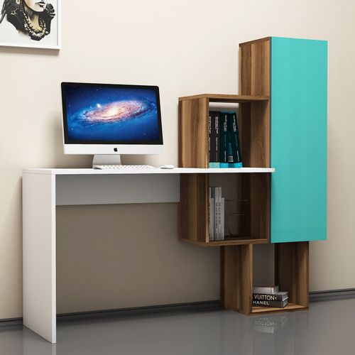 Açelya - Walnut, White, Turquoise WalnutWhiteTurquoise Study Desk slika 1