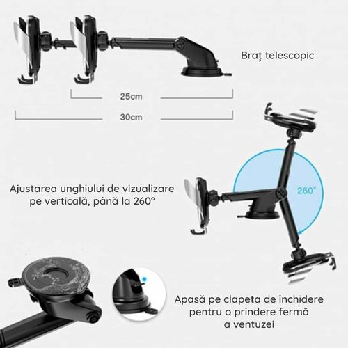 Yesido - auto držač s bežičnim punjenjem (C78) - produljiva ruka za instrument ploču, vjetrobransko staklo, ventilacijski otvor, 15 W - crno slika 5