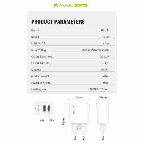 BAVIN punjač 2xUSB 2,4A +kabl Lightning 1,0m bela slika 8