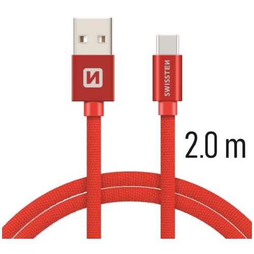 SWISSTEN kabel USB/USB-C, platneni, 3A, 2m, crveni slika 1