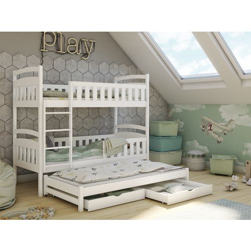 Drveni dječji krevet na kat Anatol s tri kreveta i ladicom - bijeli - 190*90 cm slika 1