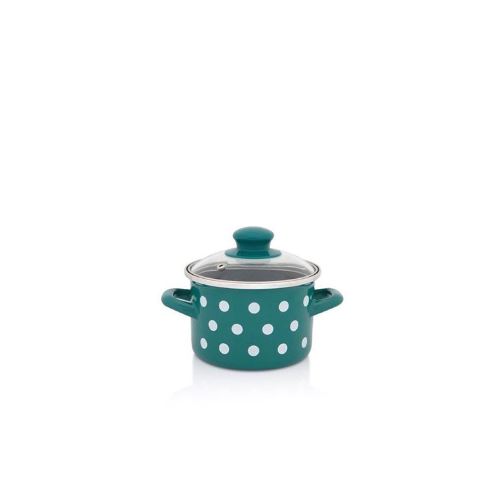 Metalac šerpa duboka sa staklenim poklopcem GREEN DOTS 14 cm / 1.5 l zelena sa bijelim tufnama  slika 1