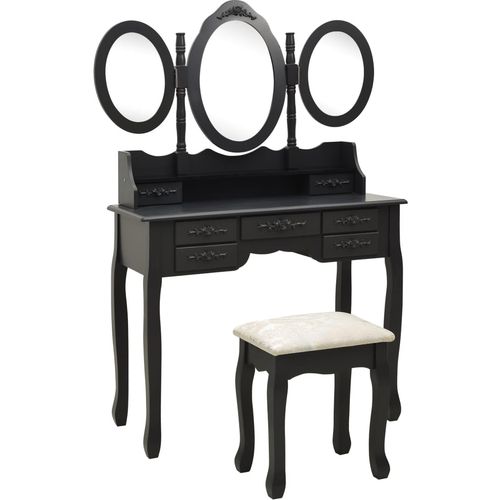 Toaletni stolić sa stolcem i trostrukim ogledalom crni slika 29