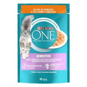 PURINA ONE® SENSITIVE mini fileti u umaku s piletinom i mrkvom, 26x85g