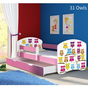 Dječji krevet ACMA s motivom, bočna roza + ladica 140x70 cm 31-owls