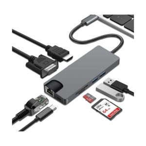 Adapter E-green USB(C)-HDMI+VGA+LAN+2USB3+USB(C)+CR