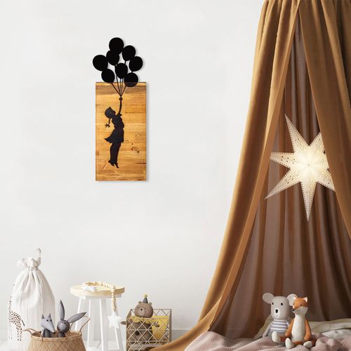 Chıld And Balloons Black Decorative Wooden Wall Accessory slika 1