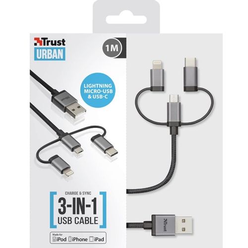 Trust Kabel 3-u-1 USB na micro-USB, Type-C, Lightning, 1m, crni (22693) slika 4