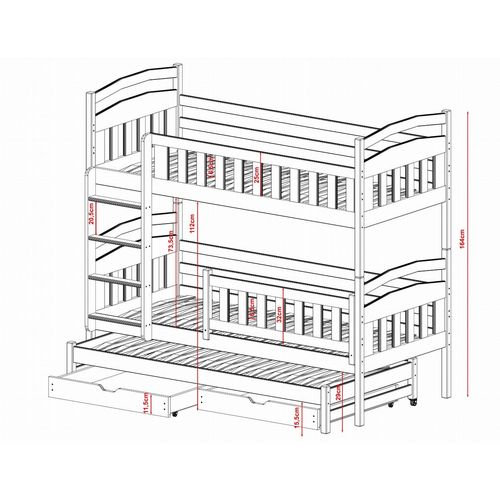 Drveni dječji krevet na sprat Blanka sa tri kreveta i ladicom - 190x90cm - Bijeli slika 3
