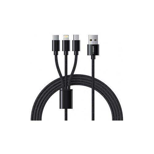 VEGER V303 pleteni kabel 3-u-1 USB-A na USB-C/Lightning/MicroUSB, 1.2m, crni slika 1