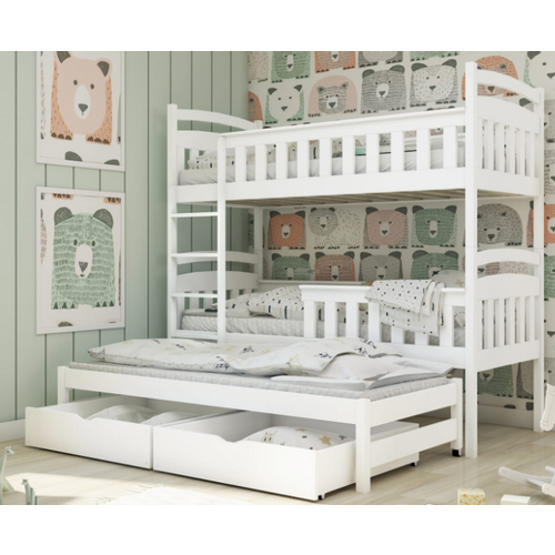 Drveni dječji krevet na sprat Harriet sa tri kreveta i ladicom - 200x90cm - Bijeli slika 2