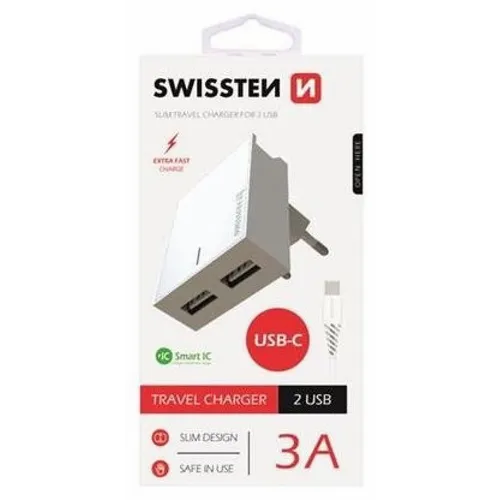 Swissten punjač 2x USB 3A+ kabl Type C 1,2m bela slika 3