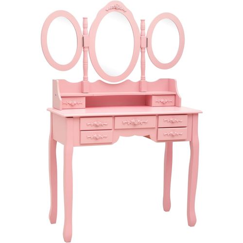 Toaletni stolić sa stolcem i trostrukim ogledalom ružičasti slika 37