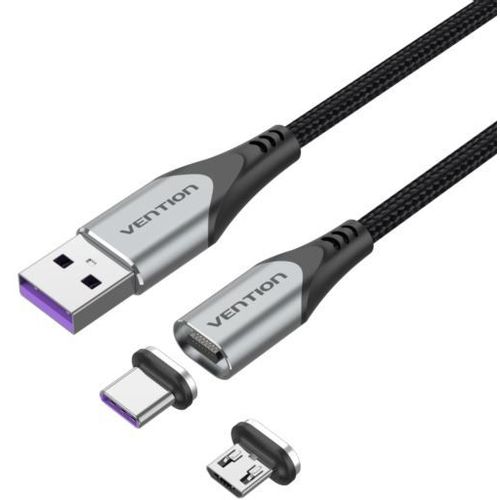 Vention USB 2.0 A Male to 2-in-1 Micro-B USB-C Male 5A Magnetic Cable 2m, Gray slika 1