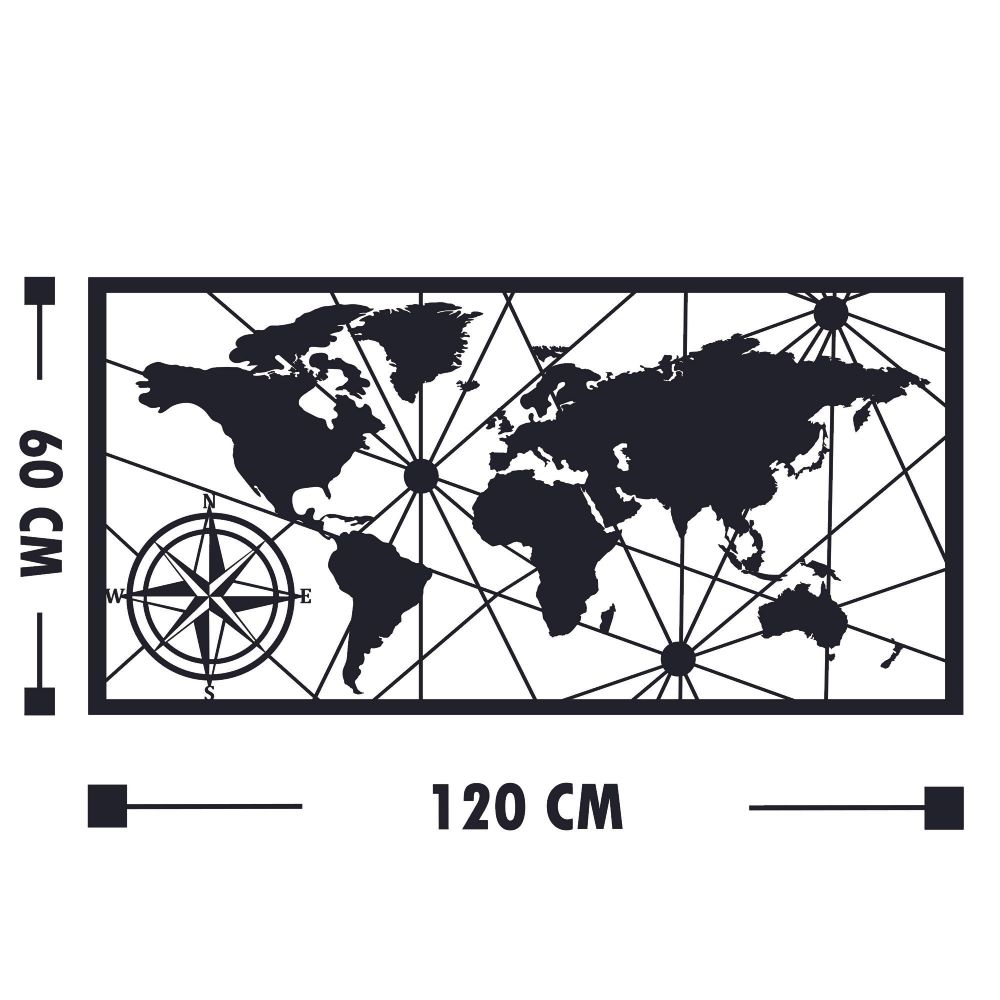 Velika Metalna Dekoracija za Zid - Crna Mapa Svijeta slika 3
