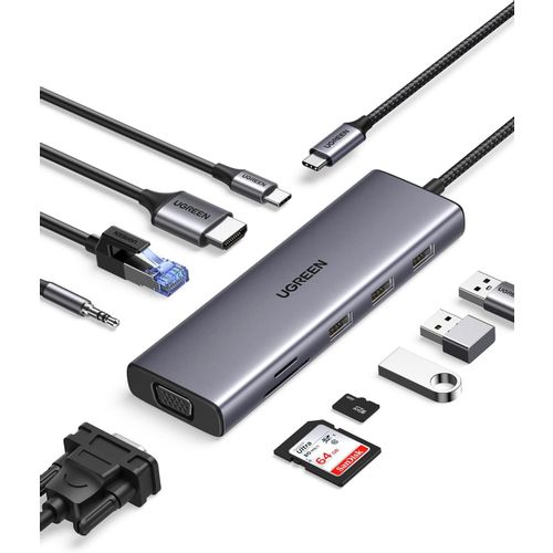 UGREEN USB C Hub, 10-u-1 USB-C s dvostrukim izlazom za 4K HDMI i VGA, 100W PD slika 1