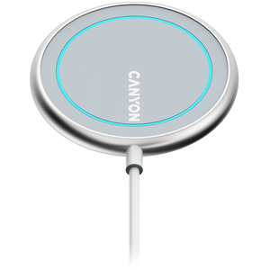 CANYON WS-100 Wireless charger, Input 9V/2A, 9V/2.7A, 12V/2A, Output 15W/10W/7.5W/5W, Type c cable length 1.5m, Acrylic surface+Aluminium alloy edge, 59*59*7mm, 0.06Kg, Silver