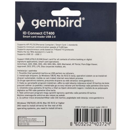 CRDR-CT400 ** Gembird Smart card reader USB 2.0 Citac za licne karte, saobracajne, bankarske (699) slika 2