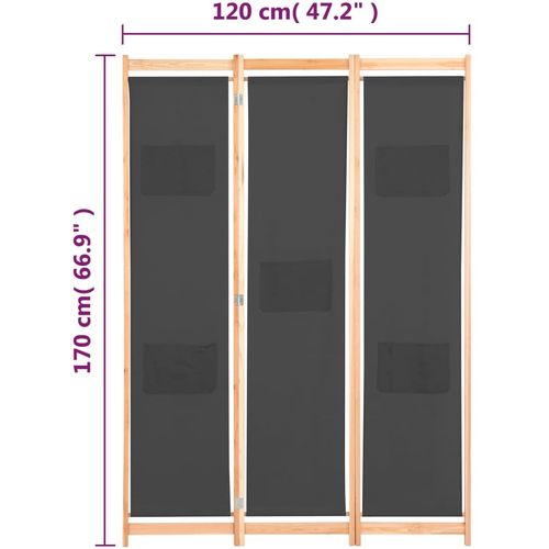 Sobna pregrada s 3 panela od tkanine 120 x 170 x 4 cm siva slika 40