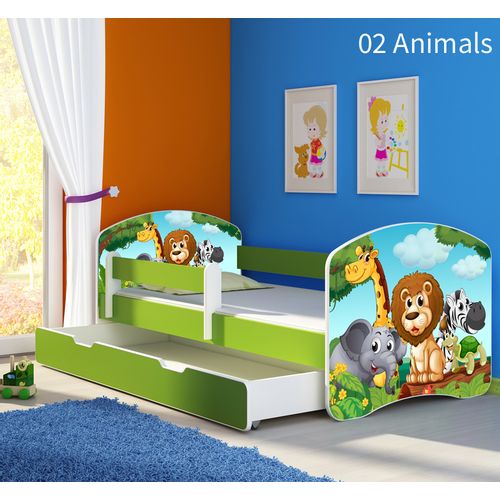 Dječji krevet ACMA s motivom, bočna zelena + ladica 140x70 cm 02-animals slika 1