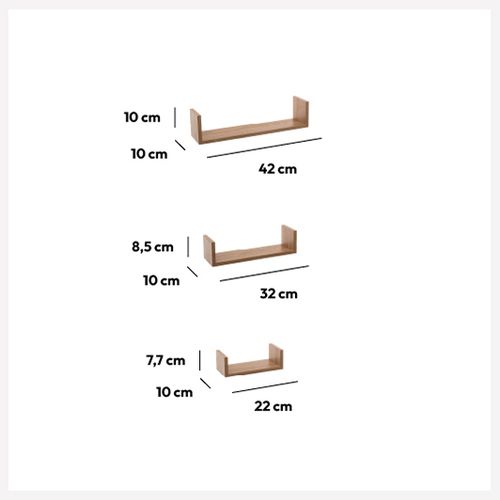 FIVE ZIDNA POLICA 3 KOM 22X10X7, 32X10X8,5, 42X10X10 MDF NATURAL 138955C slika 2