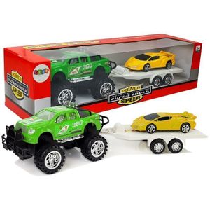 Set vozila Monster Truck sa sportskim autom na prikolici, zeleno-žuti