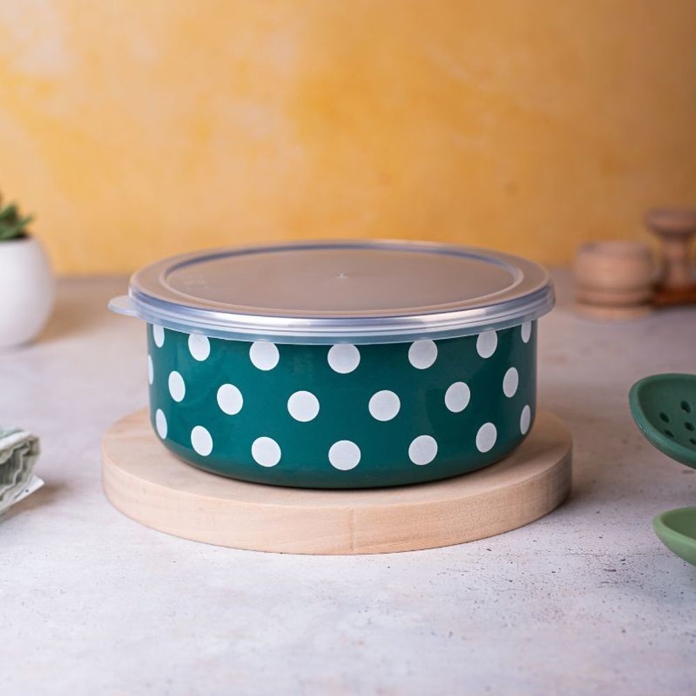 Metalac višenamjenskasa posuda sa PVC poklopcem (prečnik 16 cm) GREEN DOTS - zelena sa bijelim tufnama slika 2