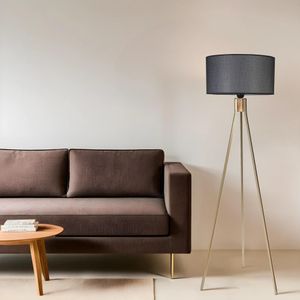 Podna lampa Fisco Tripod – cilindrični pleteni abažur, crno-zlatna