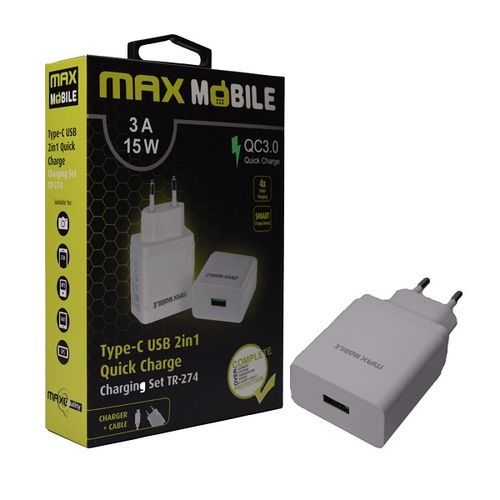 Maxmobile kućni punjač set 2u1 qc 3.0 quick charge usb+ type c, 3a,15w  bijeli slika 1