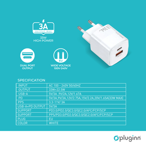 Kućni punjač Pluginn PI-D73-33w, QC3.0 PD3.0, PPS, USB-PD 20W+33W, 53W (total) beli slika 2