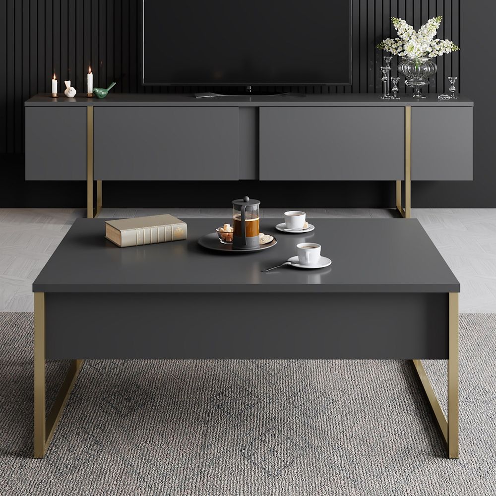 Luxe Set - Antracit, Zlatni Set Namještaja za Dnevnu Sobu slika 2