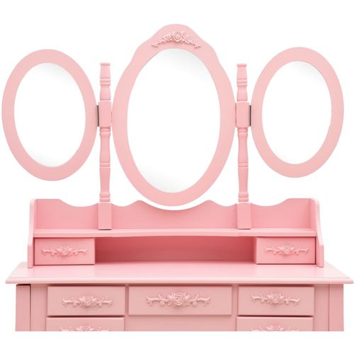 Toaletni stolić sa stolcem i trostrukim ogledalom ružičasti slika 16