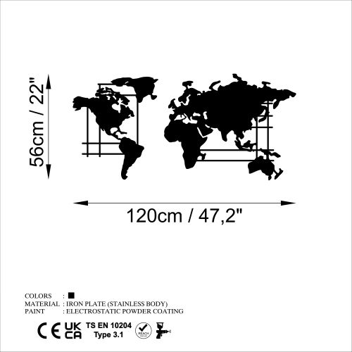 Wallity Metalna zidna dekoracija, World Map - L slika 6