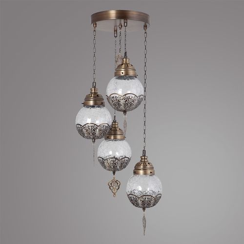 Neptün 4Lü Sarkıt Tepsili Eskitme Catlak Camlı Gold Chandelier slika 2