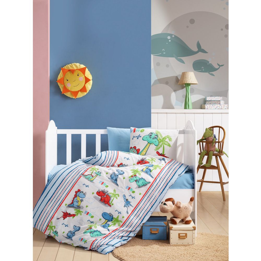 Set Ranforce Posteljine za Bebe Dino v2 - Plavo/Bijelo/Crveno/Zeleno slika 1
