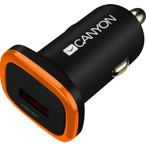 CANYON C-01 Universal 1xUSB car adapter, Input 12V-24V, Output 5V-1A, black rubber coating with orange electroplated ring(without LED backlighting), 51.8*31.2*26.2mm, 0.016kg slika 1