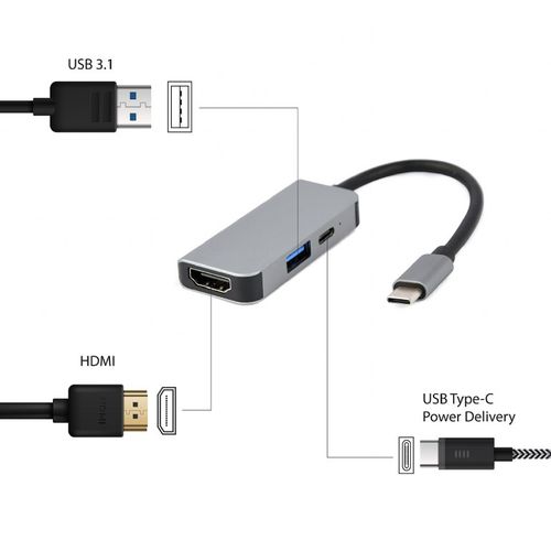 Gembird  A-CM-COMBO3-02 USB Type-C 3-in-1 multi-port adapter (USB port + HDMI + PD), silver slika 2