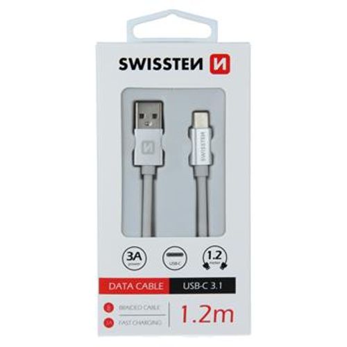 Data kabl tekstil USB na TIP C 1.2m srebrni, SWISSTEN slika 1