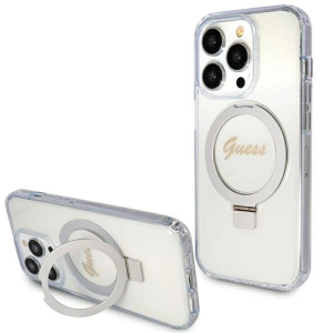 Originalna GUESS Hardcase GUHMP15XHRSGSD torbica za iPhone 15 Pro Max (Magsafe / Glitter Script Logo / stalak za prsten / prozirna)