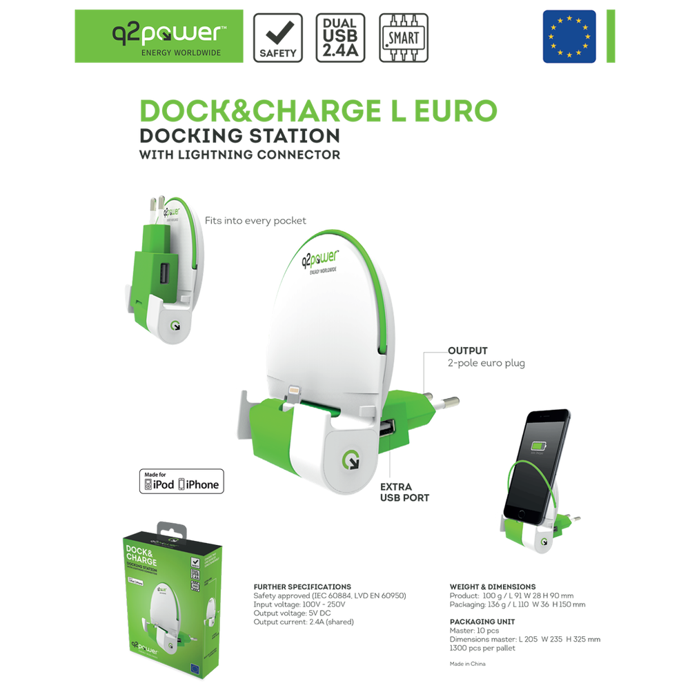 q2power Docking station sa Lightning konektorom - DOCK&amp;CHARGE L EURO slika 4