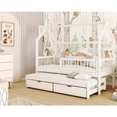 Drveni dečiji krevet Papi sa dodatnim krevetom i fiokom - beli - 160/180x80 cm slika 1
