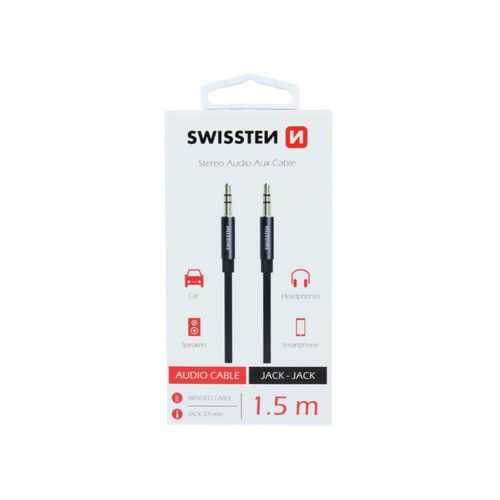 SWISSTEN kabel audio AUX, stereo, platneni, 3.5mm-3.5mm, 1.5m, crni slika 1