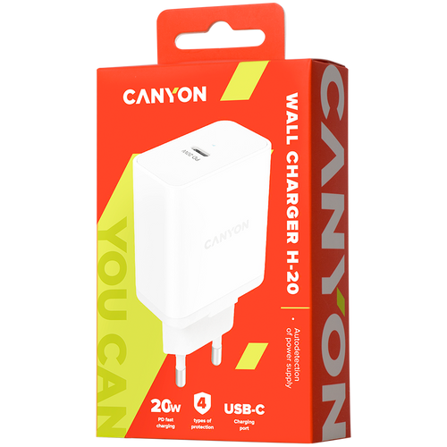 Canyon, PD WALL Charger, Input: 110V-240V, Output:PD 20W, Eu plug, Over-load, over-heated, over-current and short circuit protection Compliant with CE RoHs,ERP. Size: 89*46*26.5mm, 52g, White slika 3