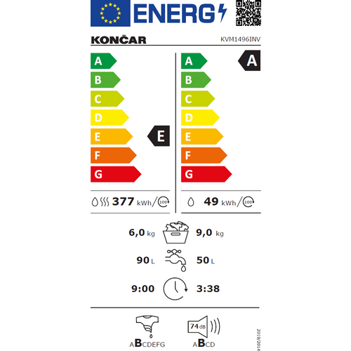 Končar KVM1496INV Mašina za pranje i sušenje veša, 9/6 kg, 1400 rpm, Inverter, Dubina 58 cm slika 2