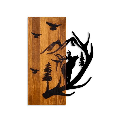 Deer and Mountain WalnutBlack Decorative Wooden Wall Accessory slika 5